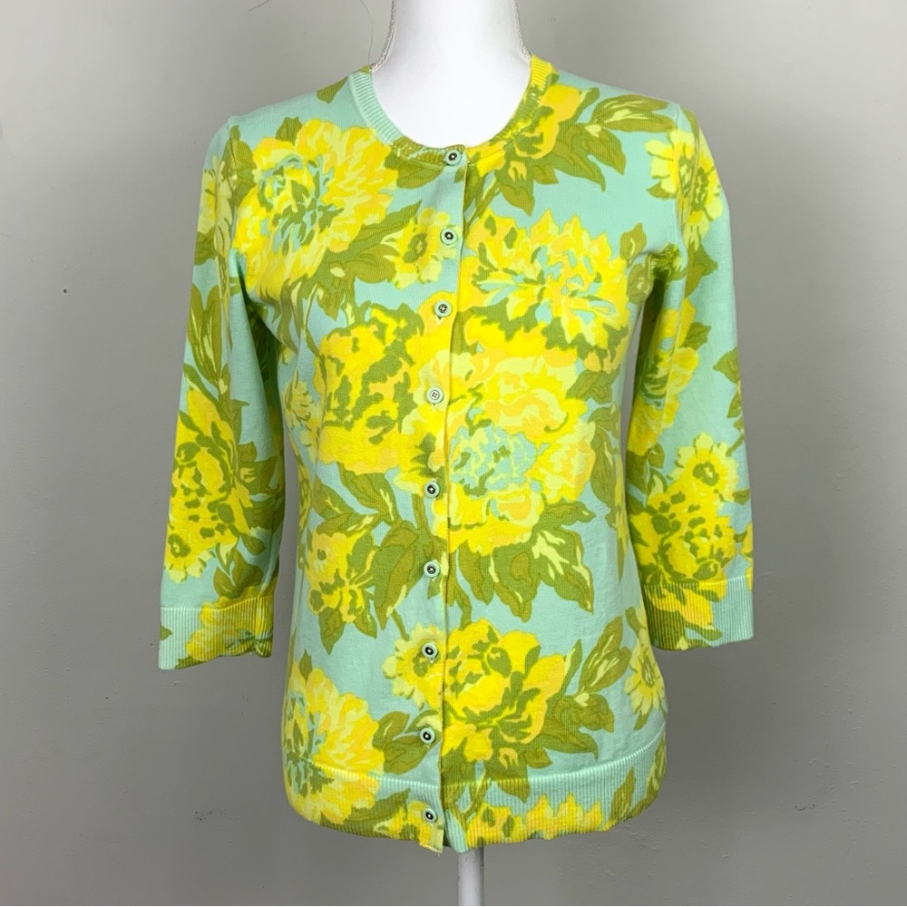 Isaac Mizrahi Women S Cardigan 100% Cotton Yellow Floral 3/4 Sleeve Spring
